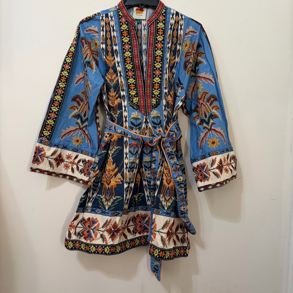 Farm Rio Embroidered Tapestry Organic Cotton Blue Boho Mini Dress with Belt - Picture 6 of 10
